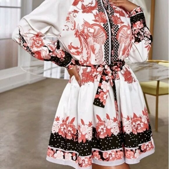 ELEGANT FLORAL GEO PRINT STAND COLLAR A LINE MINI DRESS - Picture 6 of 12